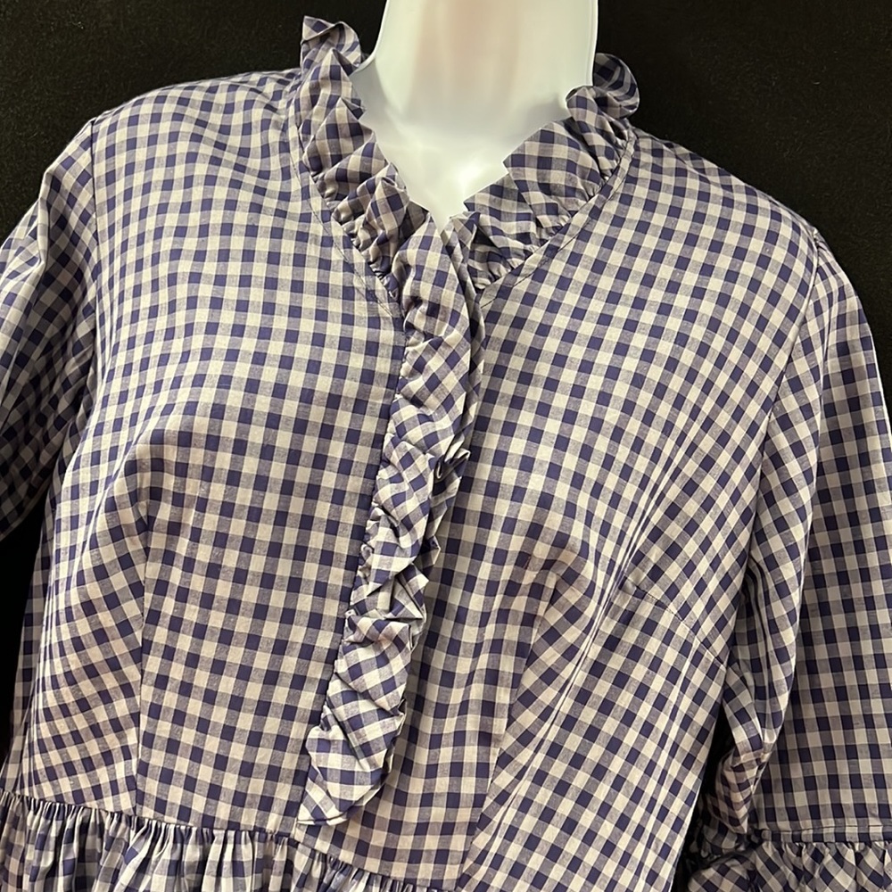 Sears Fashion Vintage Navy Blue Gingham Gathered Skirt Dress Size 16 1/2